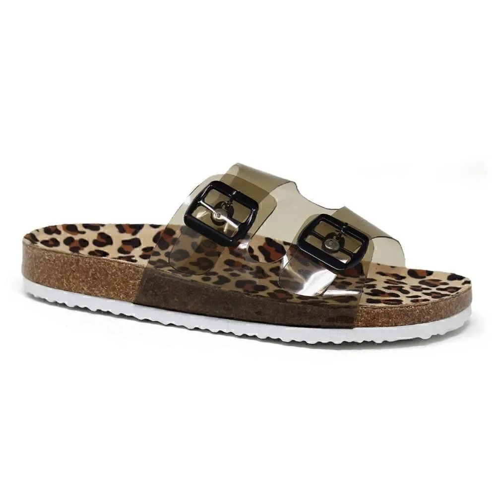 NEW! Boho Leopard Print Cork Flat Sandals with Clear Upper Straps Jelly Slides
